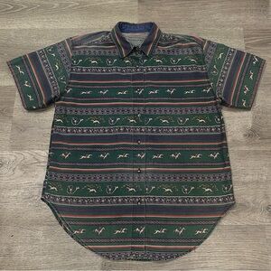 Vintage Equestrian Fox Hunt Horse & Hound Print Button Up Shirt Men M